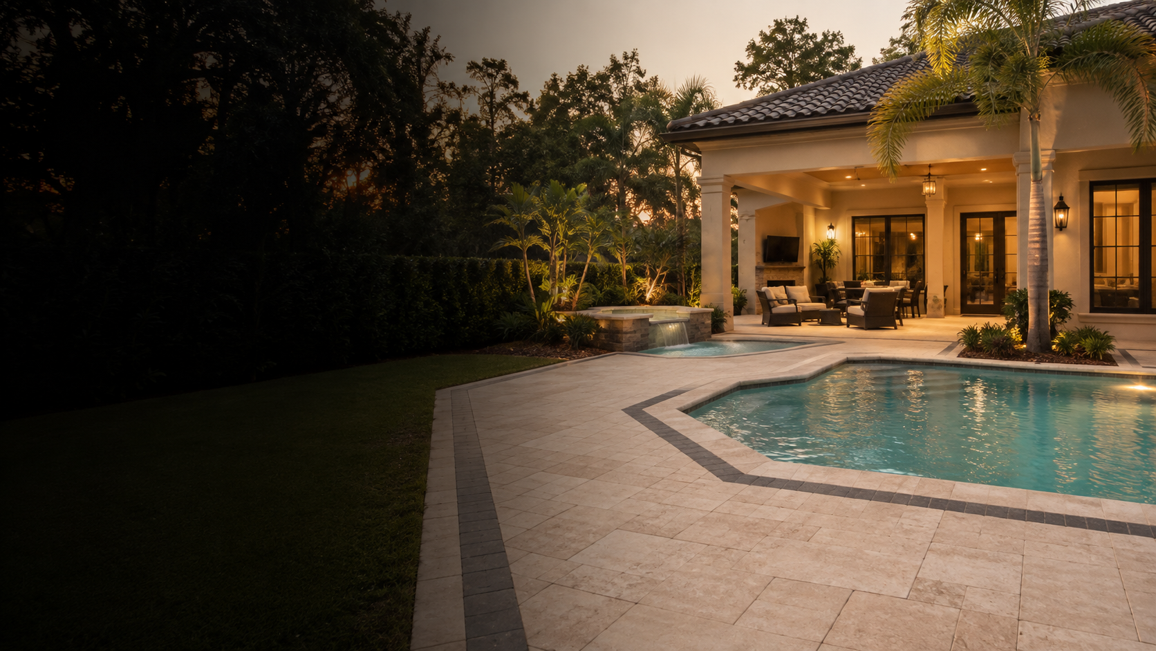 Luxury Florida pool with a pale paver deck and dark accent border