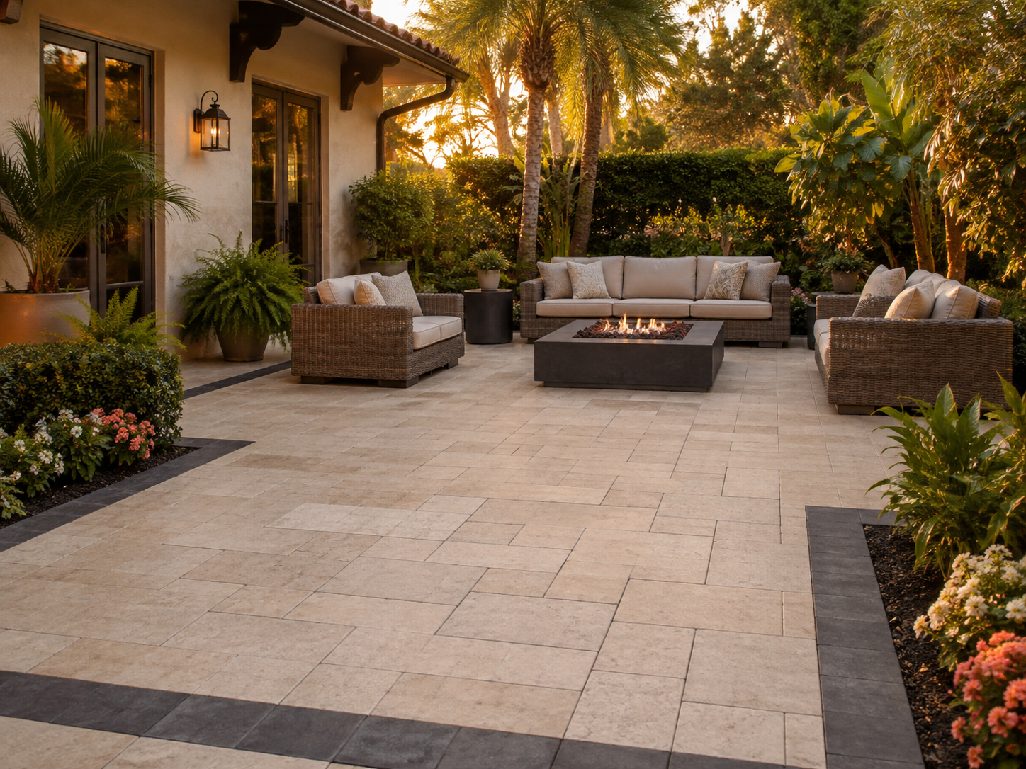 Paver patio with outdoor lounge seating, fire feature and tropical landscaping